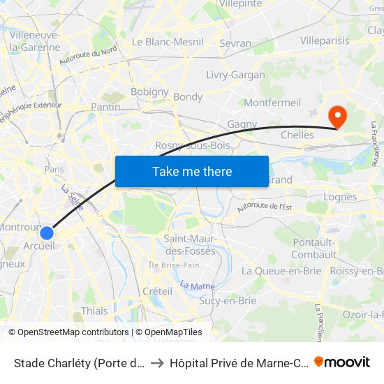 Stade Charléty (Porte de Gentilly) to Hôpital Privé de Marne-Chantereine map