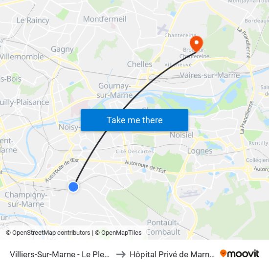 Villiers-Sur-Marne - Le Plessis-Trévise RER to Hôpital Privé de Marne-Chantereine map