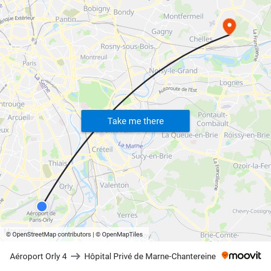 Aéroport Orly 4 to Hôpital Privé de Marne-Chantereine map