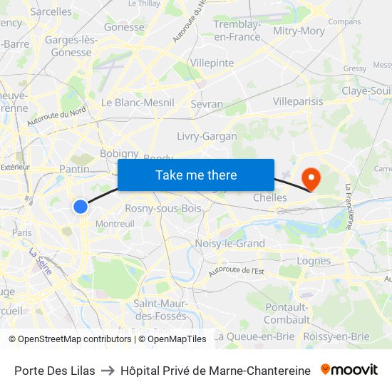 Porte Des Lilas to Hôpital Privé de Marne-Chantereine map