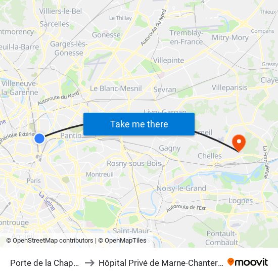 Porte de la Chapelle to Hôpital Privé de Marne-Chantereine map