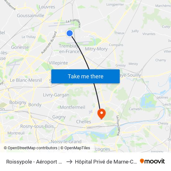 Roissypole - Aéroport Cdg1 (D1) to Hôpital Privé de Marne-Chantereine map