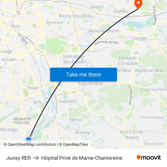 Juvisy RER to Hôpital Privé de Marne-Chantereine map