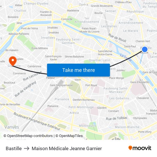 Bastille to Maison Médicale Jeanne Garnier map