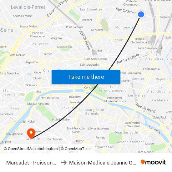 Marcadet - Poissonniers to Maison Médicale Jeanne Garnier map