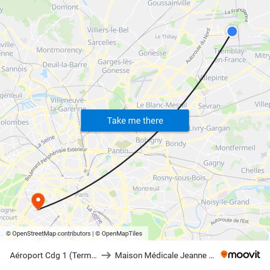 Aéroport Cdg 1 (Terminal 3) to Maison Médicale Jeanne Garnier map