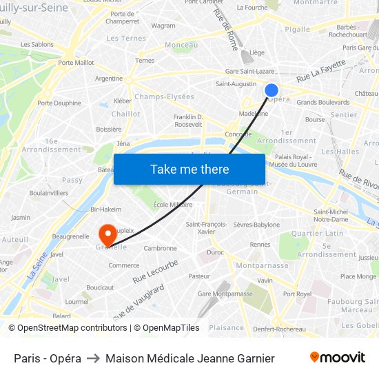 Paris - Opéra to Maison Médicale Jeanne Garnier map
