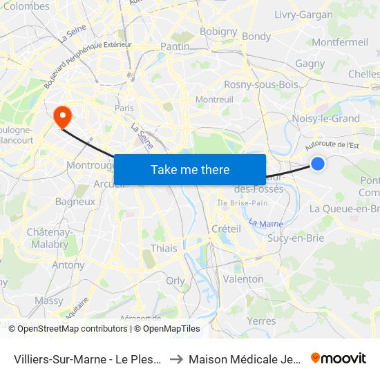 Villiers-Sur-Marne - Le Plessis-Trévise RER to Maison Médicale Jeanne Garnier map