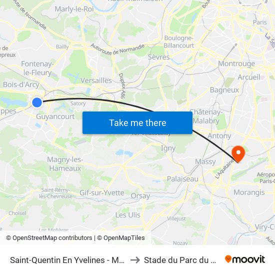 Saint-Quentin En Yvelines - Montigny-Le-Bretonneux to Stade du Parc du Château Gaillard map