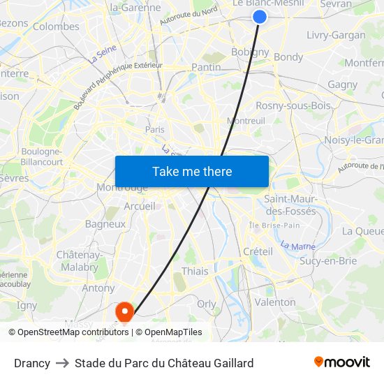 Drancy to Stade du Parc du Château Gaillard map