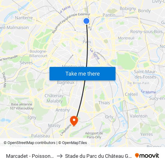 Marcadet - Poissonniers to Stade du Parc du Château Gaillard map