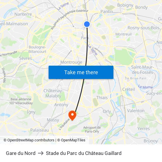 Gare du Nord to Stade du Parc du Château Gaillard map