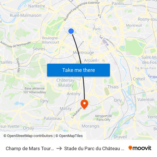 Champ de Mars Tour Eiffel to Stade du Parc du Château Gaillard map