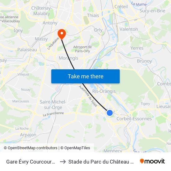 Gare Évry Courcouronnes to Stade du Parc du Château Gaillard map