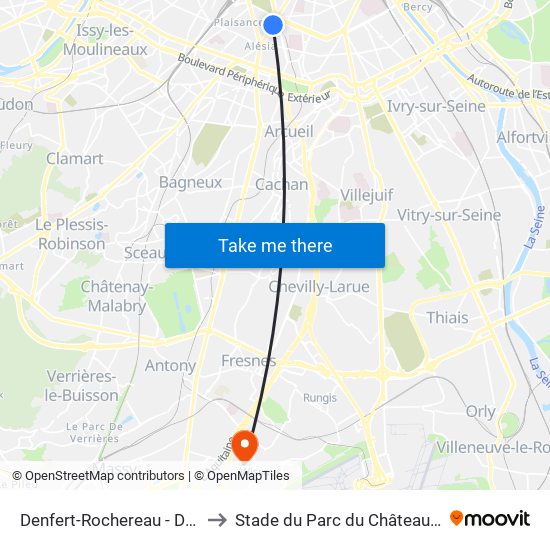 Denfert-Rochereau - Daguerre to Stade du Parc du Château Gaillard map