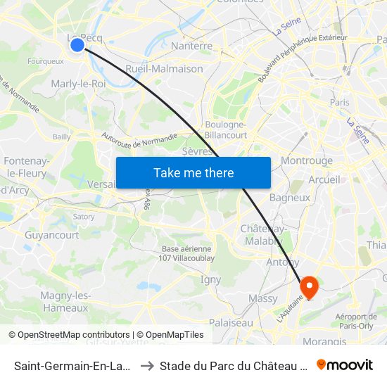 Saint-Germain-En-Laye RER to Stade du Parc du Château Gaillard map