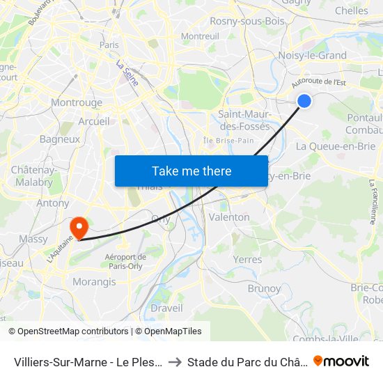 Villiers-Sur-Marne - Le Plessis-Trévise RER to Stade du Parc du Château Gaillard map