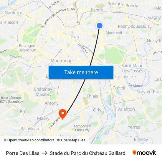 Porte Des Lilas to Stade du Parc du Château Gaillard map