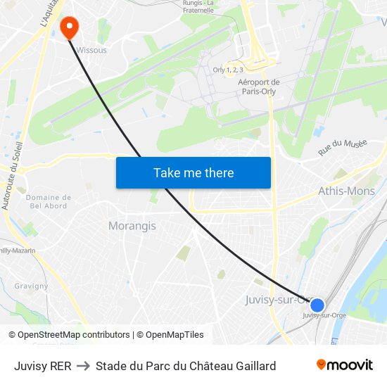 Juvisy RER to Stade du Parc du Château Gaillard map