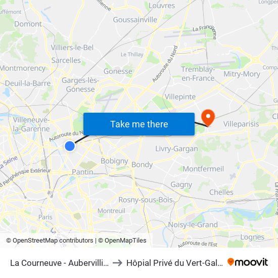 La Courneuve - Aubervilliers to Hôpial Privé du Vert-Galant map