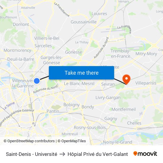 Saint-Denis - Université to Hôpial Privé du Vert-Galant map