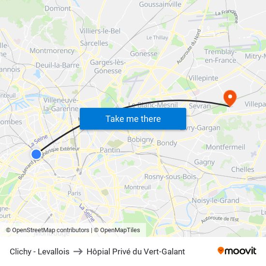 Clichy - Levallois to Hôpial Privé du Vert-Galant map