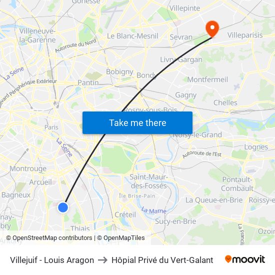 Villejuif - Louis Aragon to Hôpial Privé du Vert-Galant map