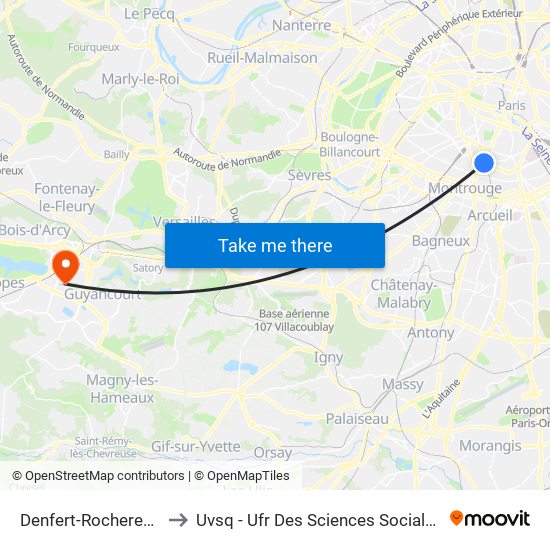 Denfert-Rochereau to Uvsq - Ufr Des Sciences Sociales map