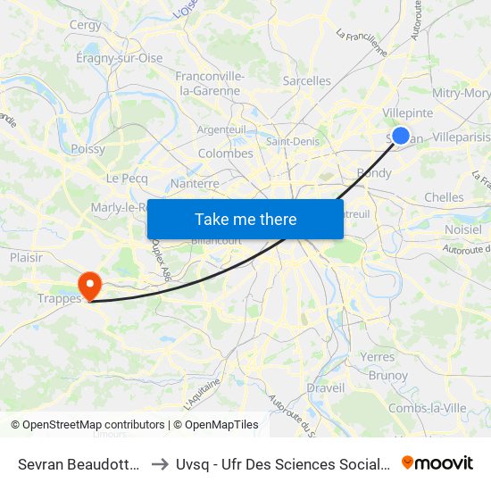 Sevran Beaudottes to Uvsq - Ufr Des Sciences Sociales map
