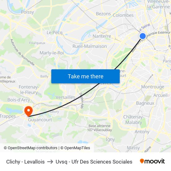 Clichy - Levallois to Uvsq - Ufr Des Sciences Sociales map