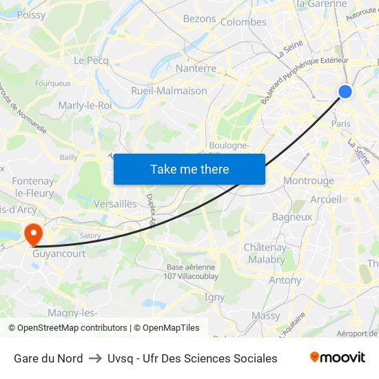 Gare du Nord to Uvsq - Ufr Des Sciences Sociales map