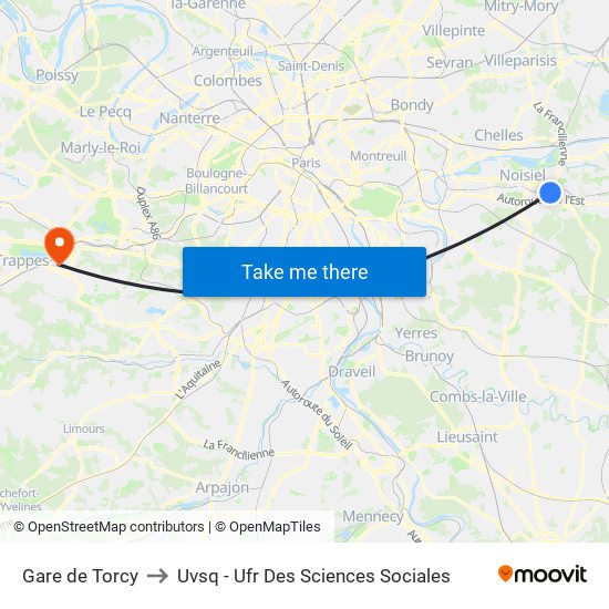 Gare de Torcy to Uvsq - Ufr Des Sciences Sociales map