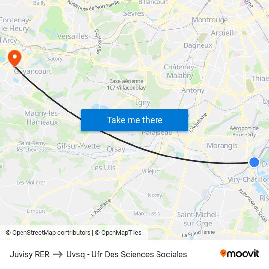Juvisy RER to Uvsq - Ufr Des Sciences Sociales map