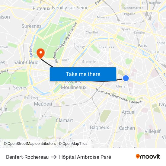 Denfert-Rochereau to Hôpital Ambroise Paré map