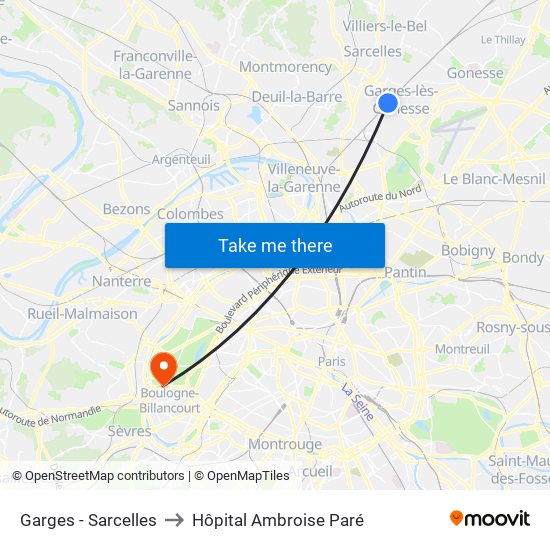 Garges - Sarcelles to Hôpital Ambroise Paré map