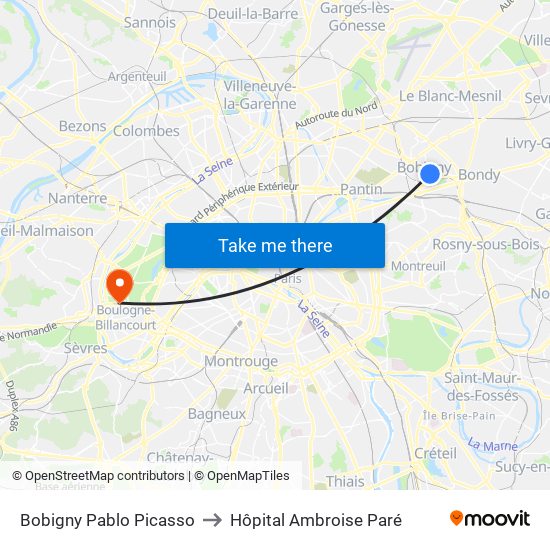 Bobigny Pablo Picasso to Hôpital Ambroise Paré map