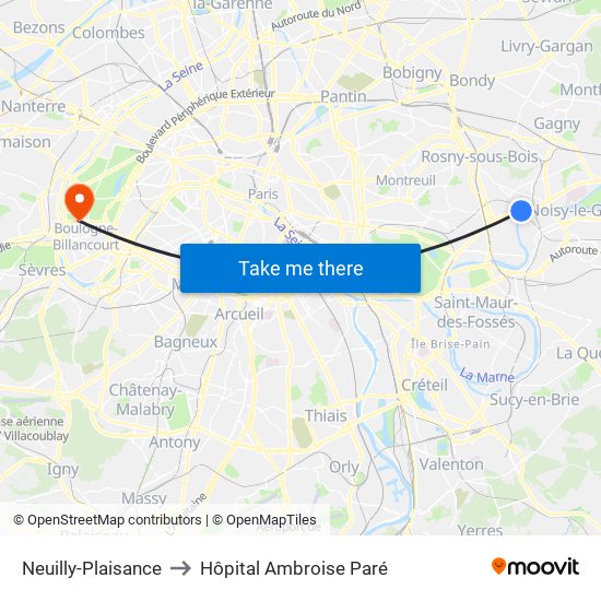 Neuilly-Plaisance to Hôpital Ambroise Paré map