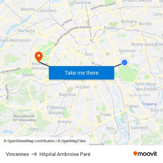 Vincennes to Hôpital Ambroise Paré map