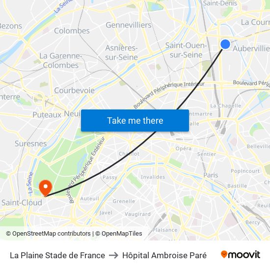 La Plaine Stade de France to Hôpital Ambroise Paré map