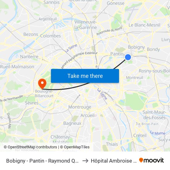 Bobigny - Pantin - Raymond Queneau to Hôpital Ambroise Paré map