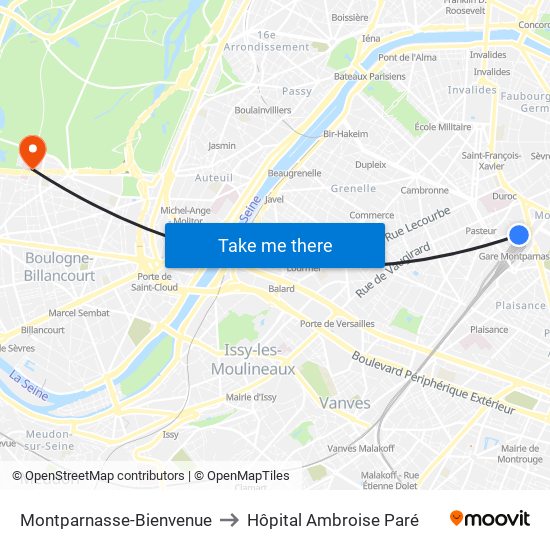 Montparnasse-Bienvenue to Hôpital Ambroise Paré map