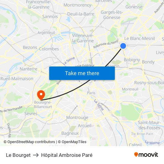 Le Bourget to Hôpital Ambroise Paré map
