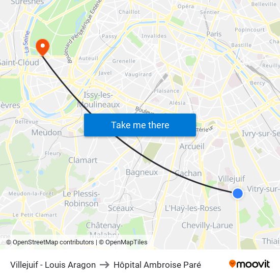 Villejuif - Louis Aragon to Hôpital Ambroise Paré map