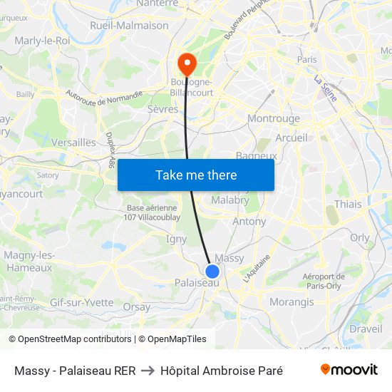 Massy - Palaiseau RER to Hôpital Ambroise Paré map