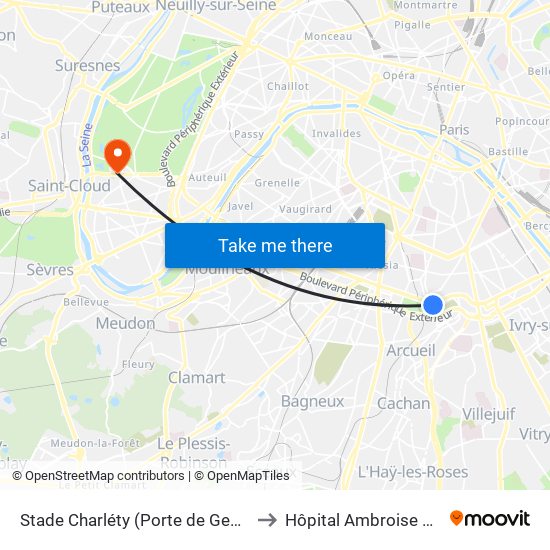 Stade Charléty (Porte de Gentilly) to Hôpital Ambroise Paré map