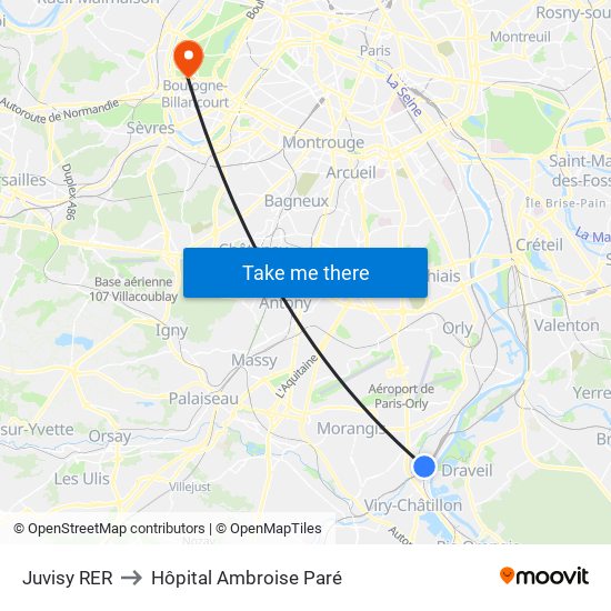 Juvisy RER to Hôpital Ambroise Paré map