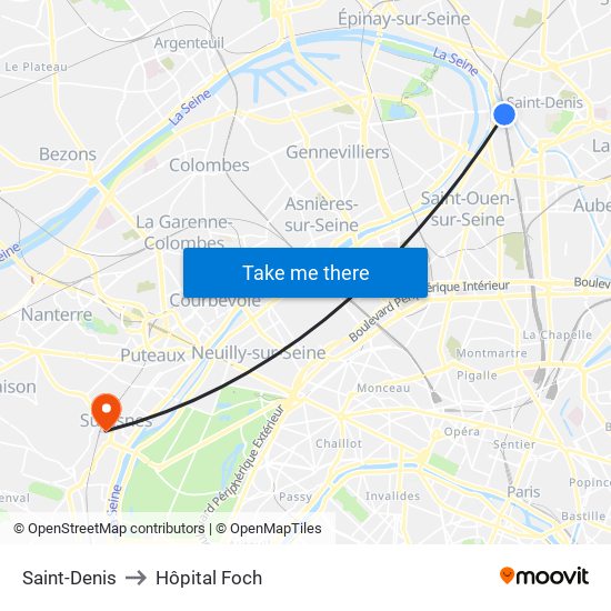 Saint-Denis to Hôpital Foch map