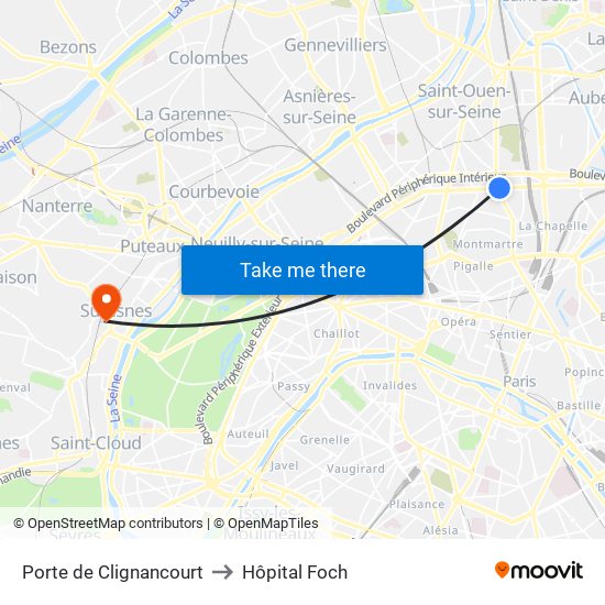Porte de Clignancourt to Hôpital Foch map