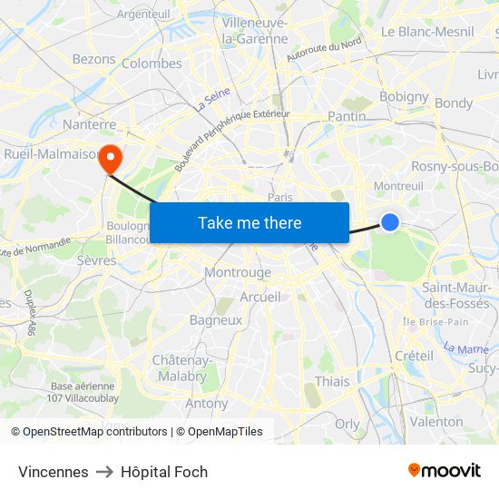 Vincennes to Hôpital Foch map