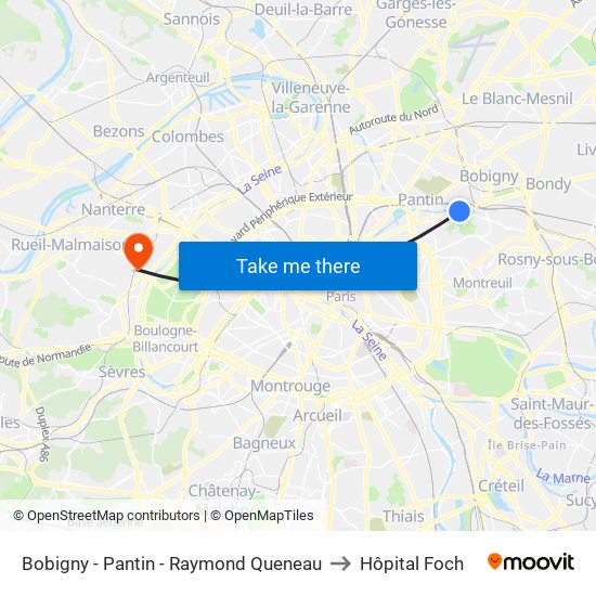Bobigny - Pantin - Raymond Queneau to Hôpital Foch map